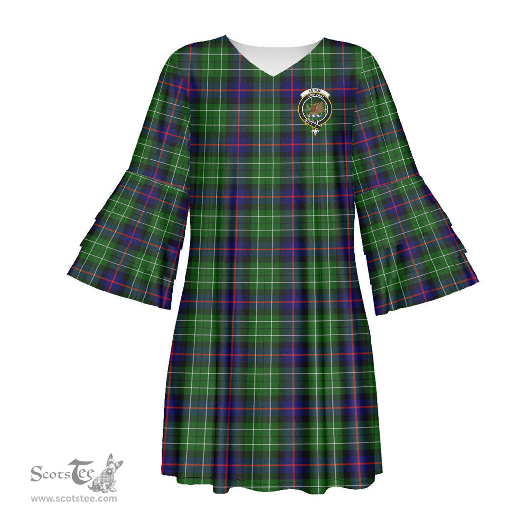 Scottish Leslie Hunting Clan Tartan Crest Womens Stacked Ruffle Sleeve Tartan Dress