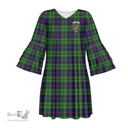 Scottish Leslie Hunting Clan Tartan Crest Womens Stacked Ruffle Sleeve Tartan Dress