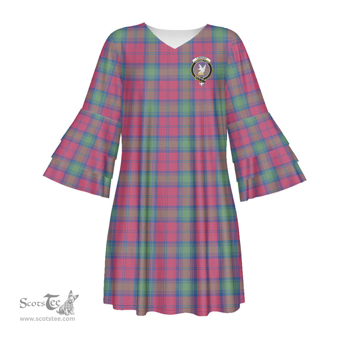 Scottish Lindsay Ancient Clan Tartan Crest Womens Stacked Ruffle Sleeve Tartan Dress