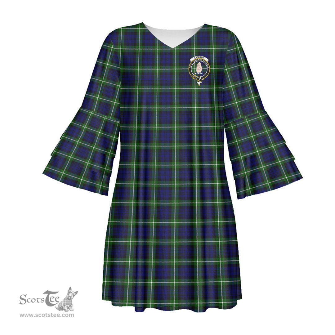 Scottish Lamont Modern Clan Tartan Crest Womens Stacked Ruffle Sleeve Tartan Dress