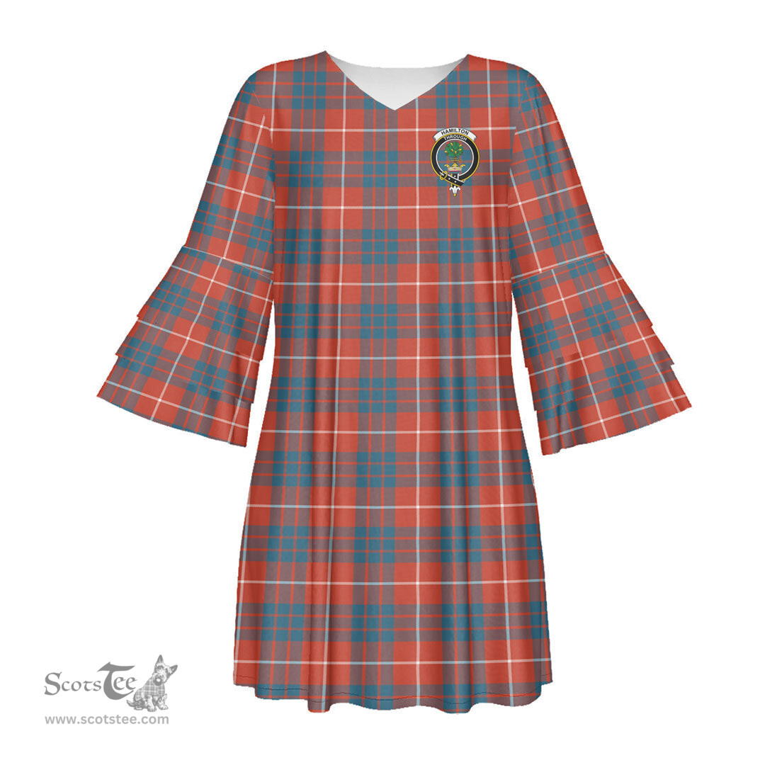 Scottish Hamilton Ancient Clan Tartan Crest Womens Stacked Ruffle Sleeve Tartan Dress