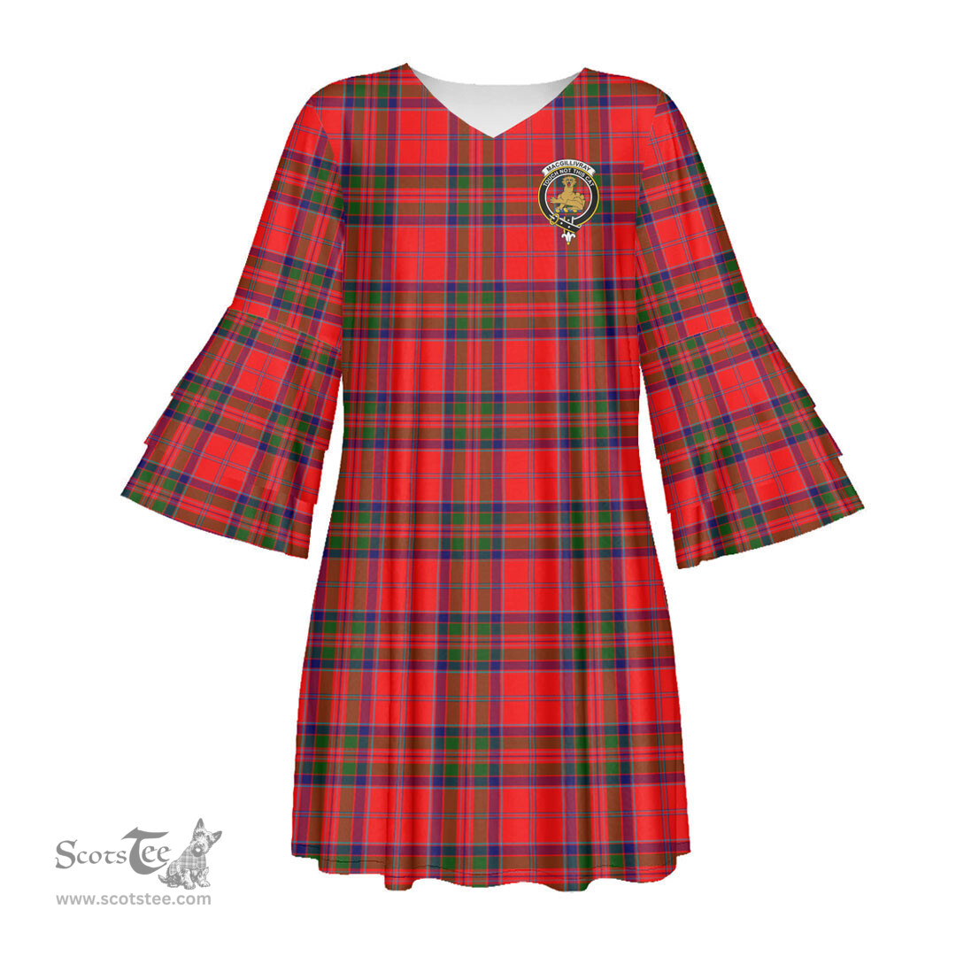 Scottish MacGillivray Modern Clan Tartan Crest Womens Stacked Ruffle Sleeve Tartan Dress