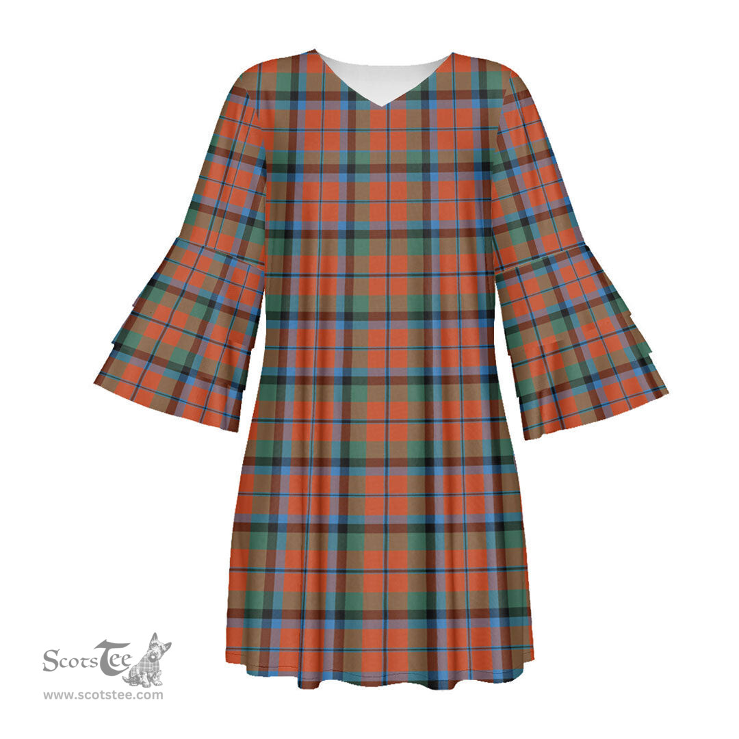 Scottish MacNaughton Ancient Tartan Womens Stacked Ruffle Sleeve Tartan Dress