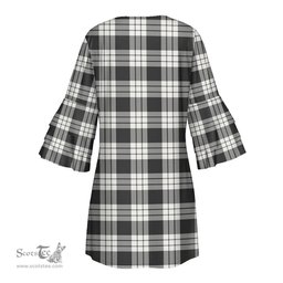 Scottish MacFarlane Black White Ancient Clan Tartan Crest Womens Stacked Ruffle Sleeve Tartan Dress