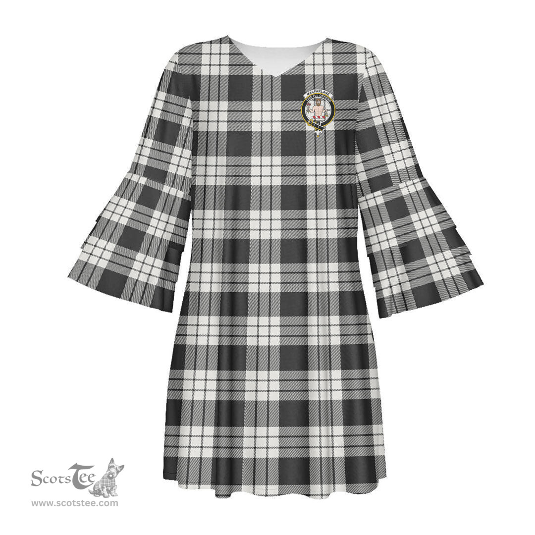 Scottish MacFarlane Black White Ancient Clan Tartan Crest Womens Stacked Ruffle Sleeve Tartan Dress