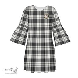 Scottish MacFarlane Black White Ancient Clan Tartan Crest Womens Stacked Ruffle Sleeve Tartan Dress