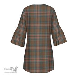 Scottish Kennedy Weathered Clan Tartan Crest Womens Stacked Ruffle Sleeve Tartan Dress