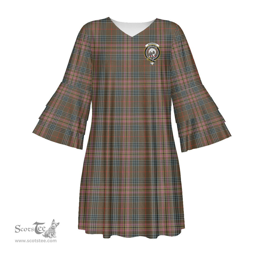 Scottish Kennedy Weathered Clan Tartan Crest Womens Stacked Ruffle Sleeve Tartan Dress