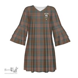 Scottish Kennedy Weathered Clan Tartan Crest Womens Stacked Ruffle Sleeve Tartan Dress