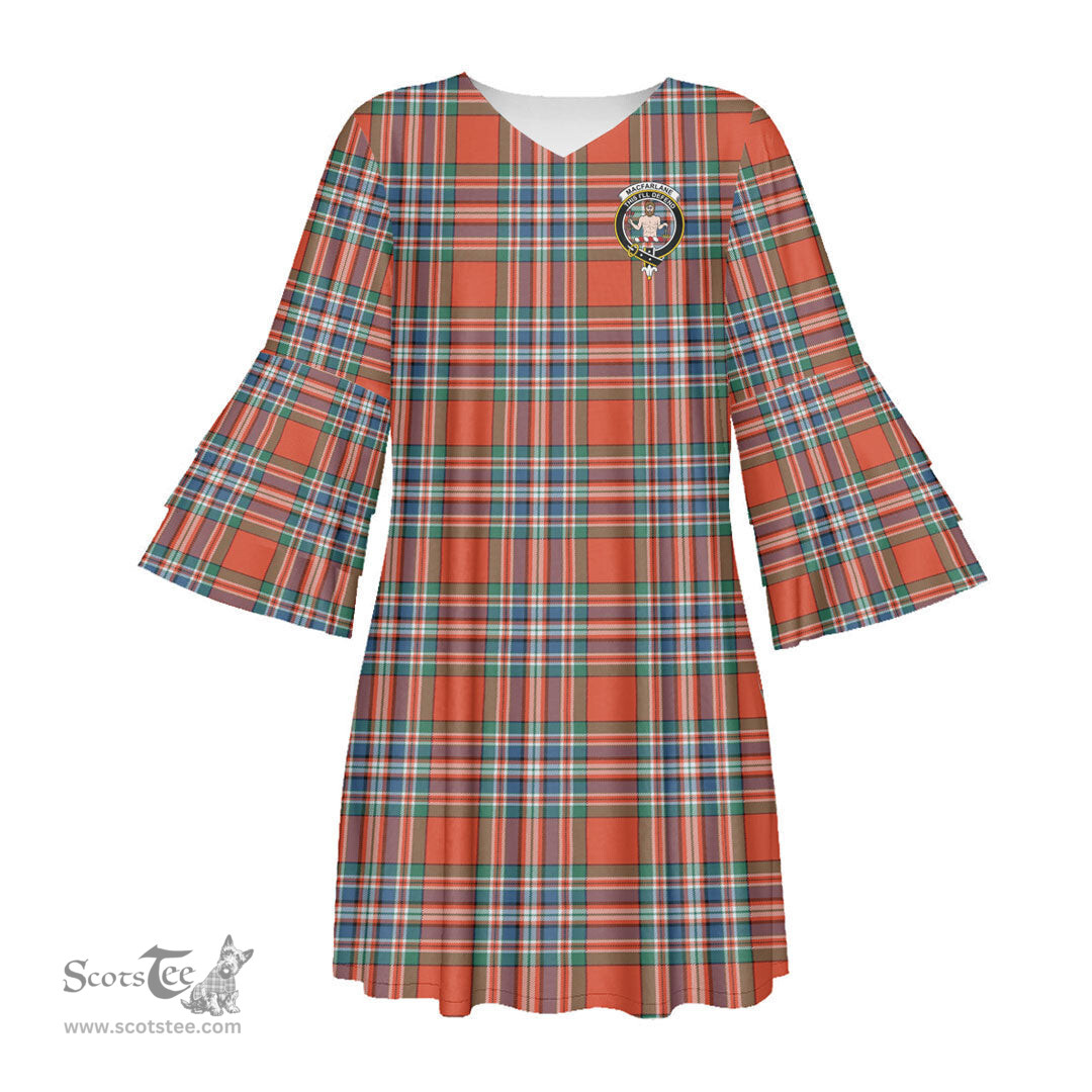 Scottish MacFarlane Ancient Clan Tartan Crest Womens Stacked Ruffle Sleeve Tartan Dress