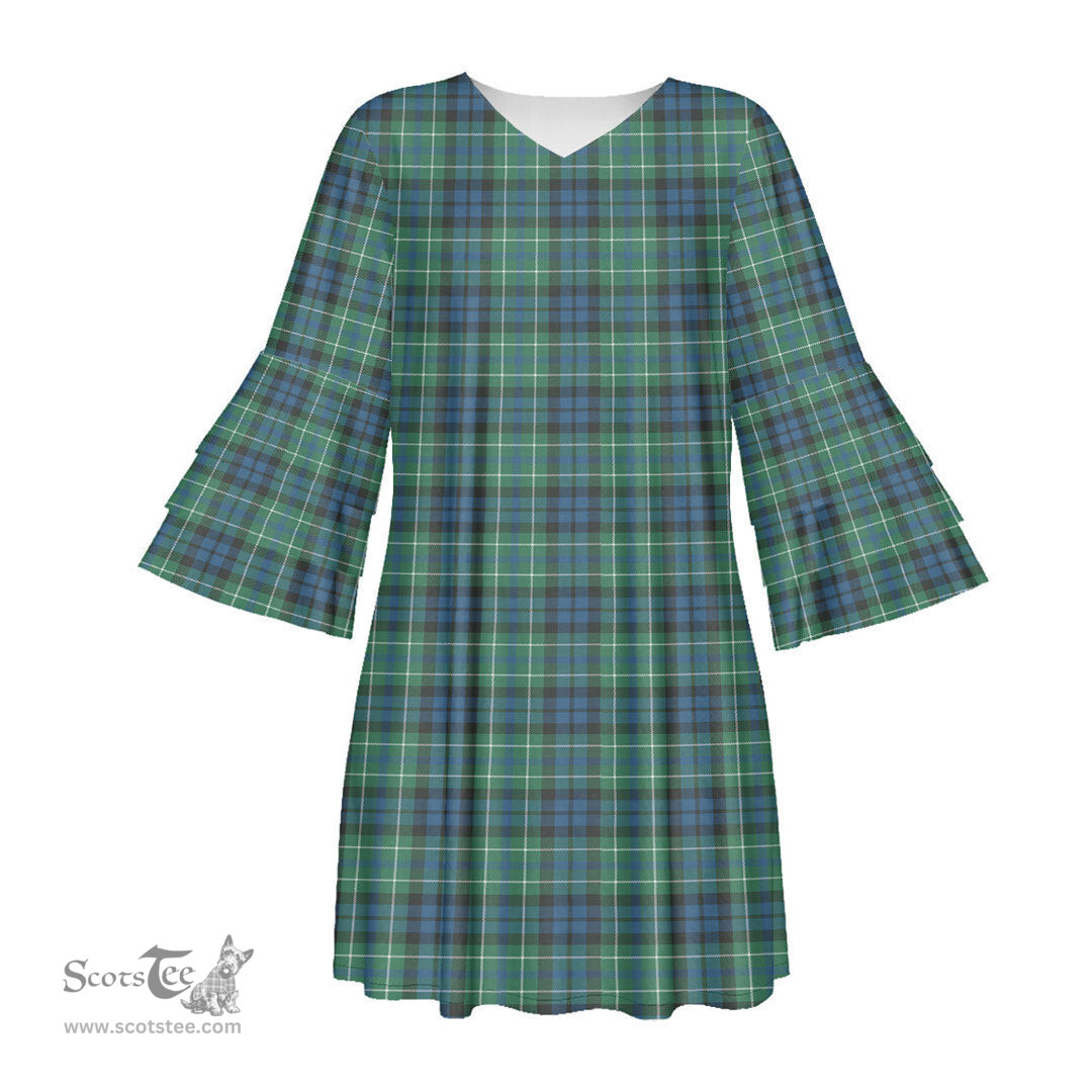 Scottish MacNeill of Colonsay Ancient Tartan Womens Stacked Ruffle Sleeve Tartan Dress