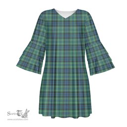 Scottish MacNeill of Colonsay Ancient Tartan Womens Stacked Ruffle Sleeve Tartan Dress