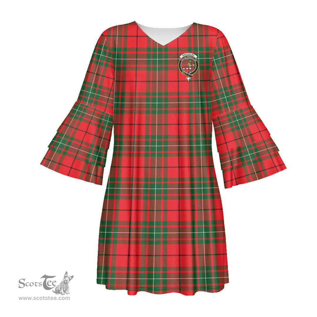 Scottish MacAulay Modern Clan Tartan Crest Womens Stacked Ruffle Sleeve Tartan Dress