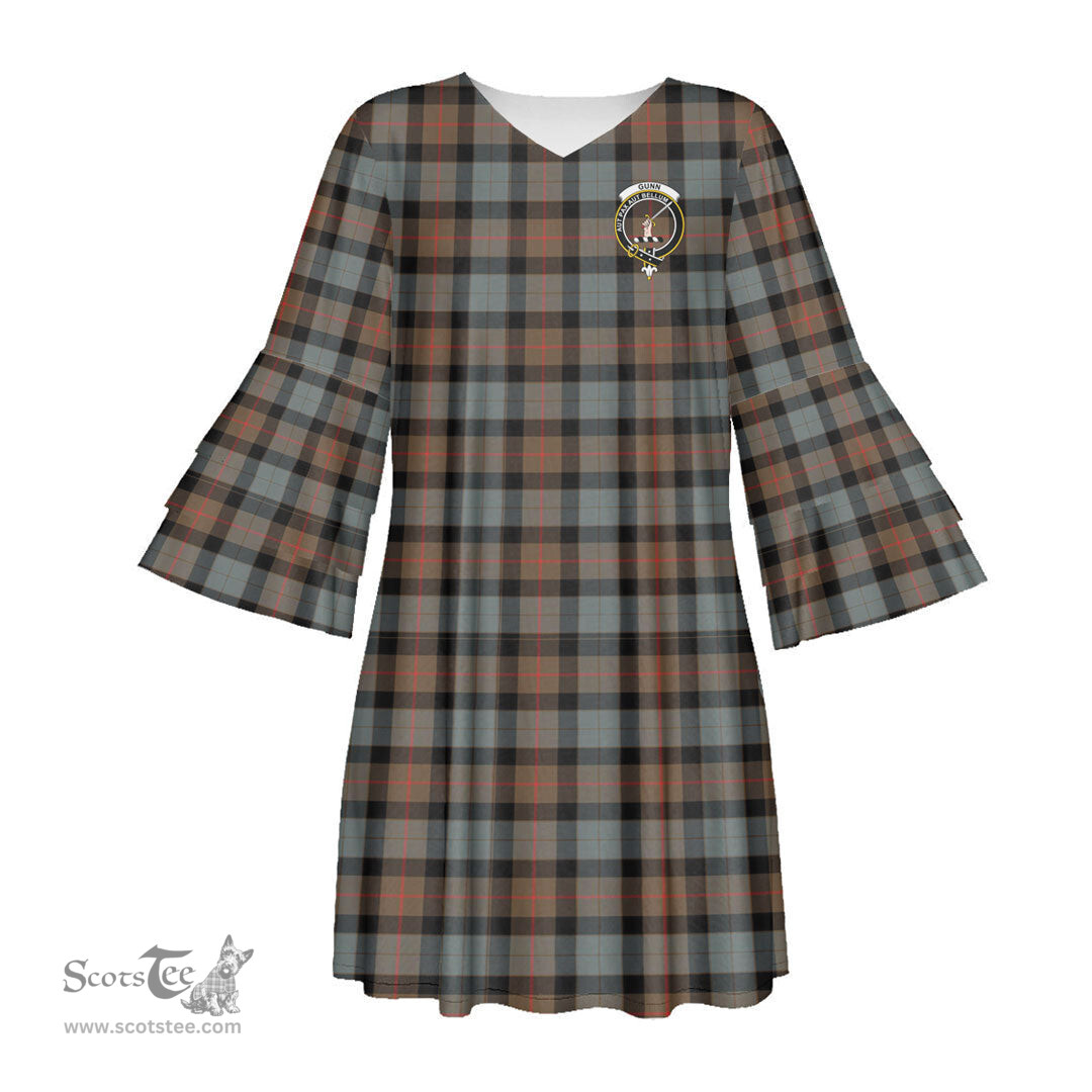 Scottish Gunn Weathered Clan Tartan Crest Womens Stacked Ruffle Sleeve Tartan Dress