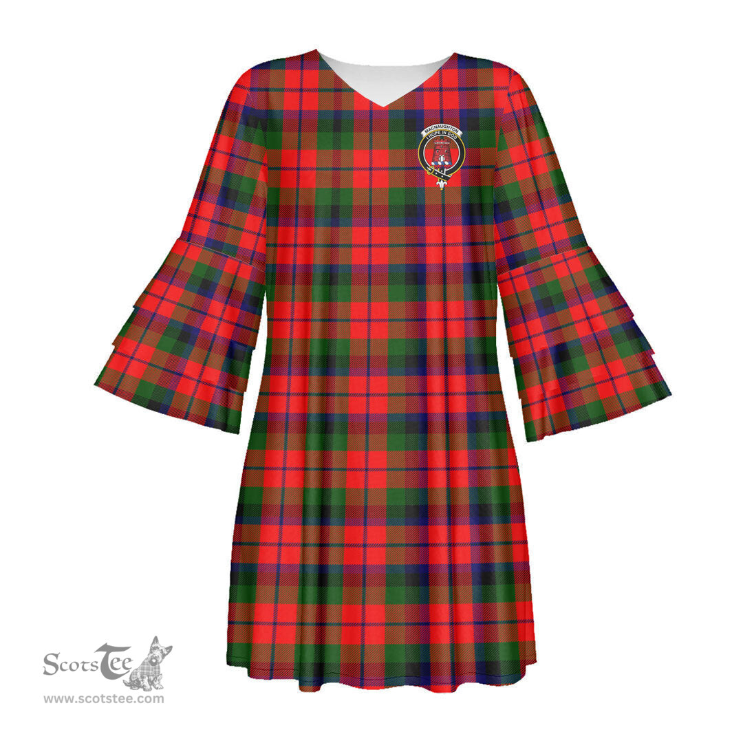 Scottish MacNaughton Modern Clan Tartan Crest Womens Stacked Ruffle Sleeve Tartan Dress