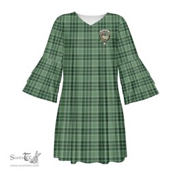 Scottish MacDonald Lord of the Isles Hunting Clan Tartan Crest Womens Stacked Ruffle Sleeve Tartan Dress