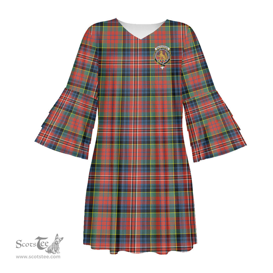 Scottish MacPherson Ancient Clan Tartan Crest Womens Stacked Ruffle Sleeve Tartan Dress