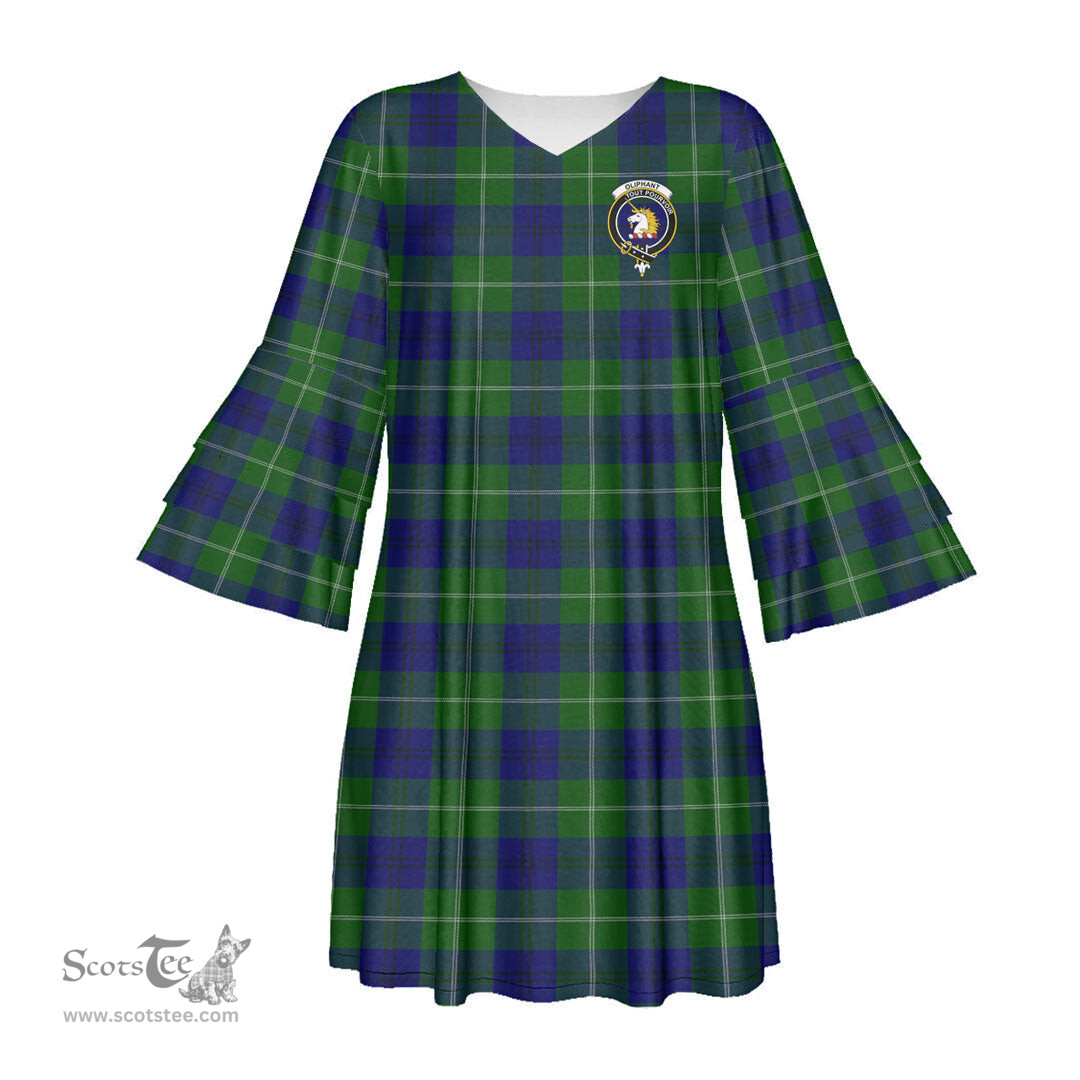 Scottish Oliphant Modern Clan Tartan Crest Womens Stacked Ruffle Sleeve Tartan Dress