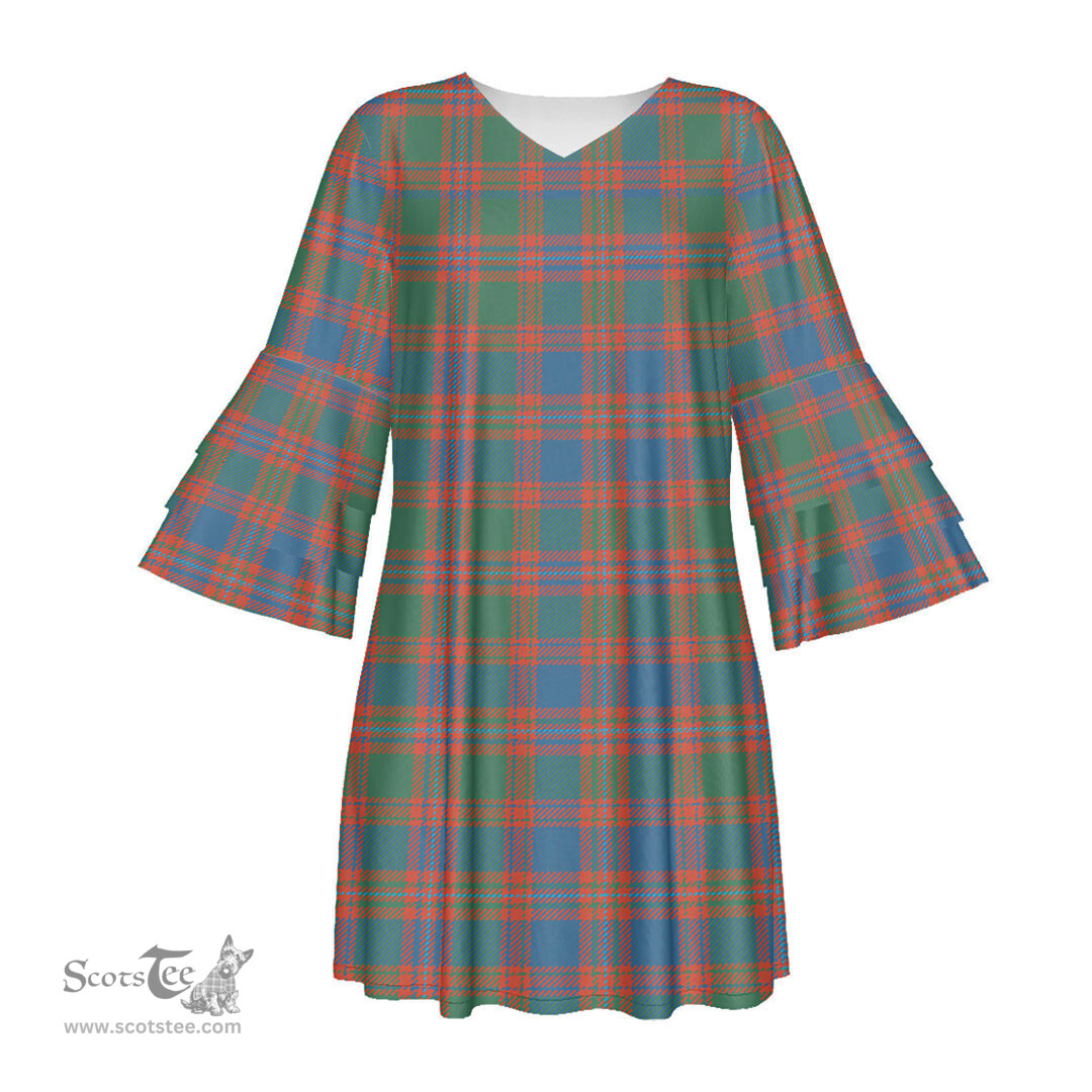 Scottish MacIntyre Ancient Tartan Womens Stacked Ruffle Sleeve Tartan Dress