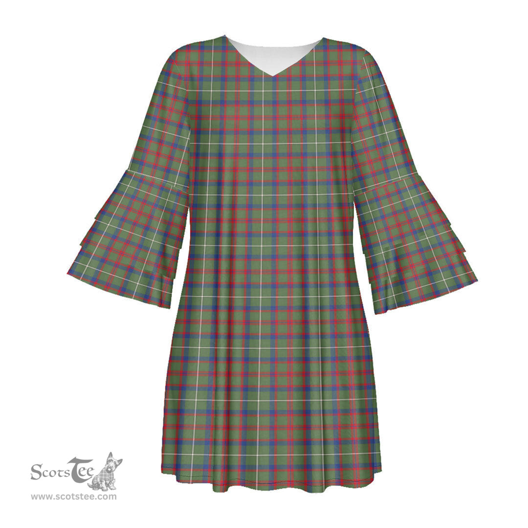 Scottish Shaw Green Modern Tartan Womens Stacked Ruffle Sleeve Tartan Dress