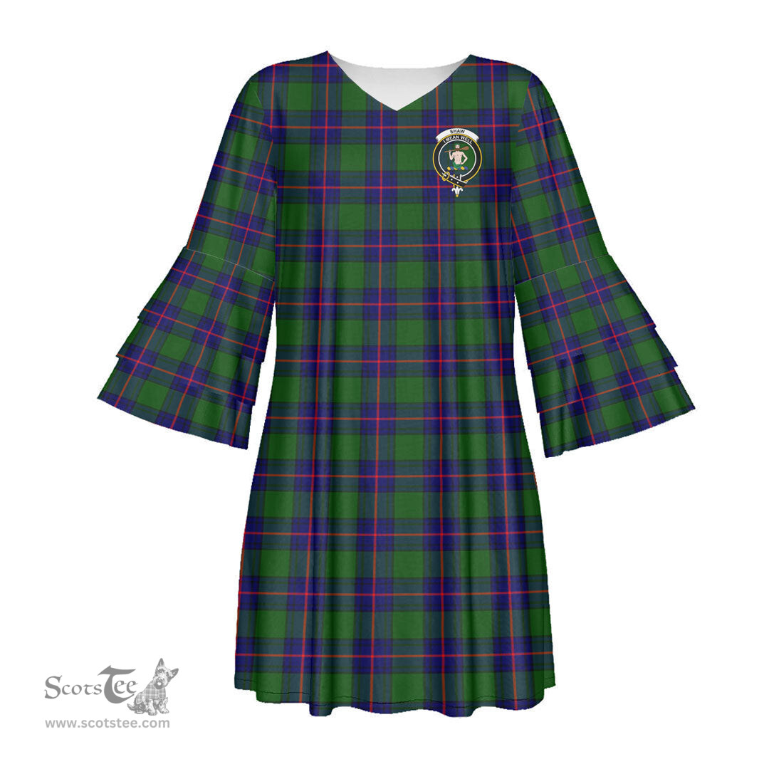 Scottish Shaw Modern Clan Tartan Crest Womens Stacked Ruffle Sleeve Tartan Dress