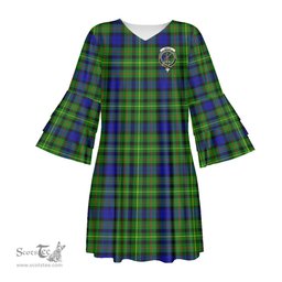 Scottish Rollo Modern Clan Tartan Crest Womens Stacked Ruffle Sleeve Tartan Dress