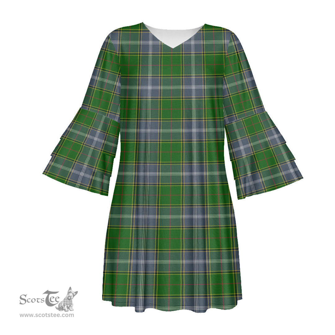 Scottish Pringle Tartan Womens Stacked Ruffle Sleeve Tartan Dress