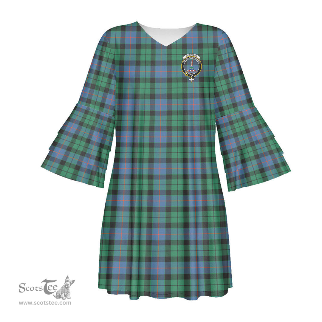 Scottish Morrison Ancient Clan Tartan Crest Womens Stacked Ruffle Sleeve Tartan Dress
