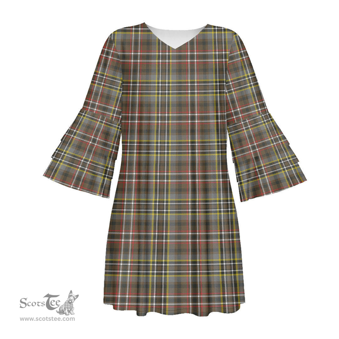 Scottish SCOTT GREEN WEATHERED Tartan Womens Stacked Ruffle Sleeve Tartan Dress