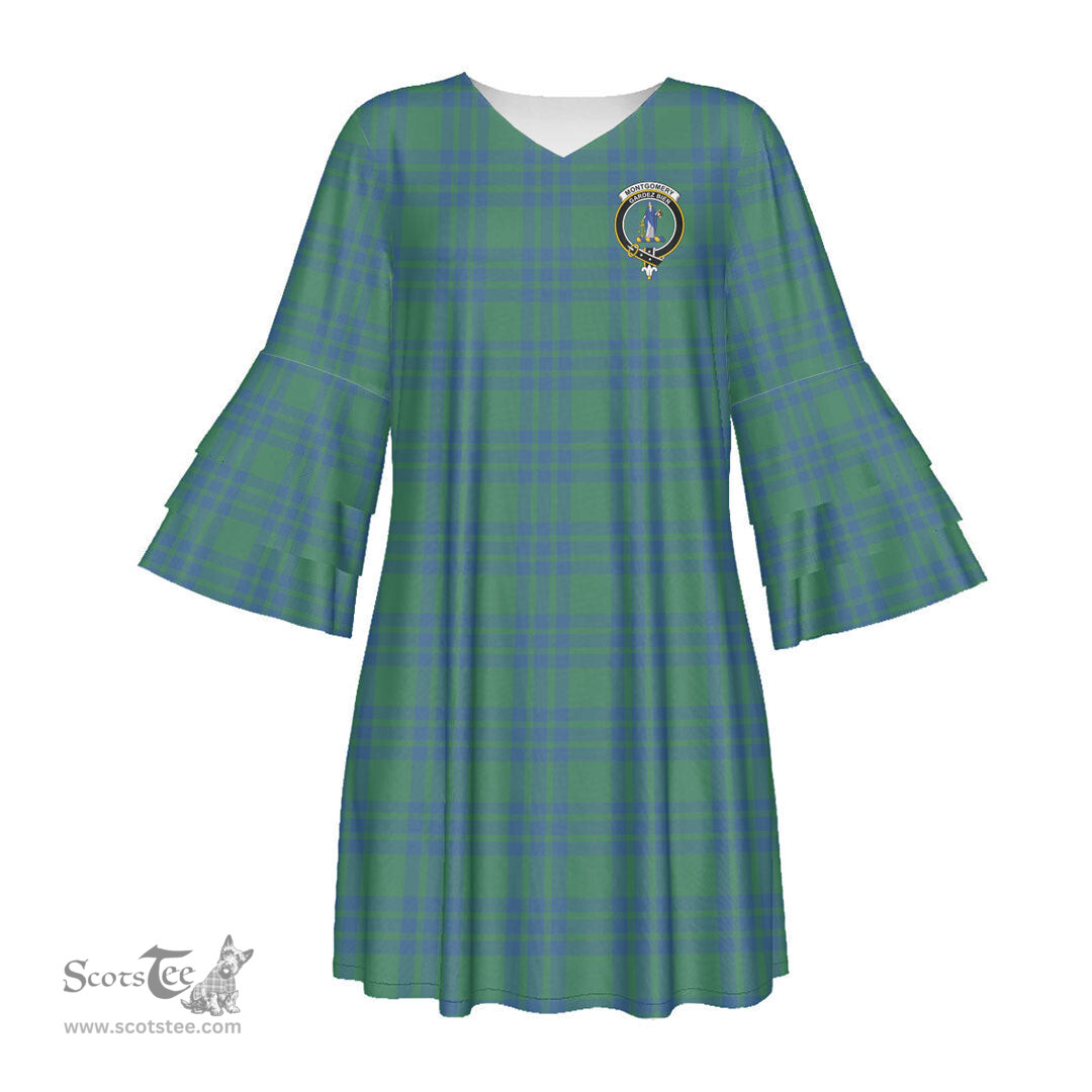 Scottish Montgomery Ancient Clan Tartan Crest Womens Stacked Ruffle Sleeve Tartan Dress