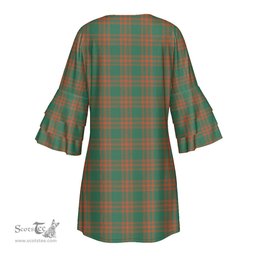 Scottish Menzies Green Ancient Clan Tartan Crest Womens Stacked Ruffle Sleeve Tartan Dress