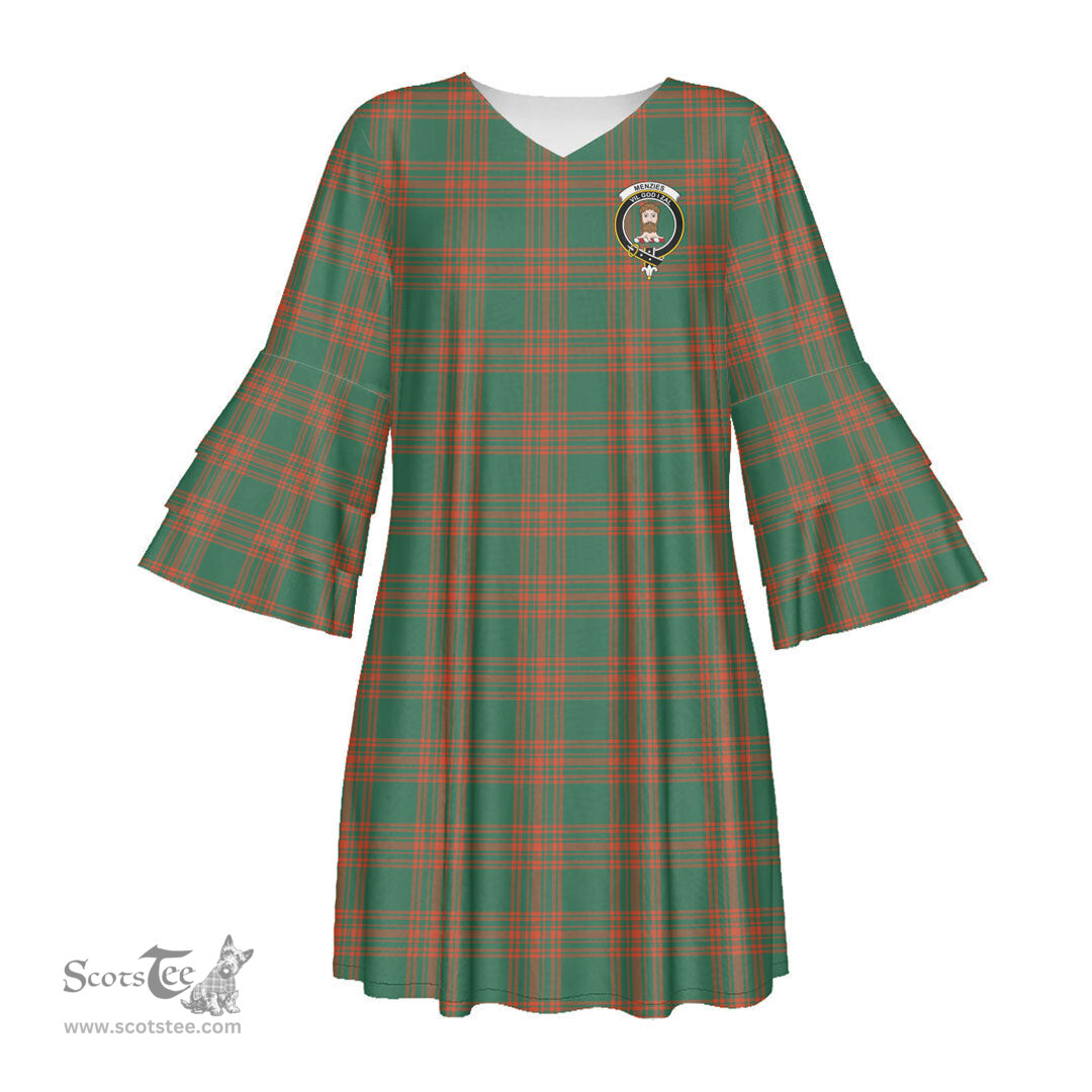 Scottish Menzies Green Ancient Clan Tartan Crest Womens Stacked Ruffle Sleeve Tartan Dress