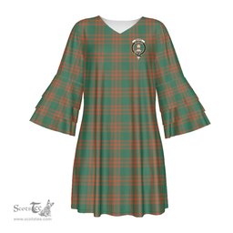 Scottish Menzies Green Ancient Clan Tartan Crest Womens Stacked Ruffle Sleeve Tartan Dress