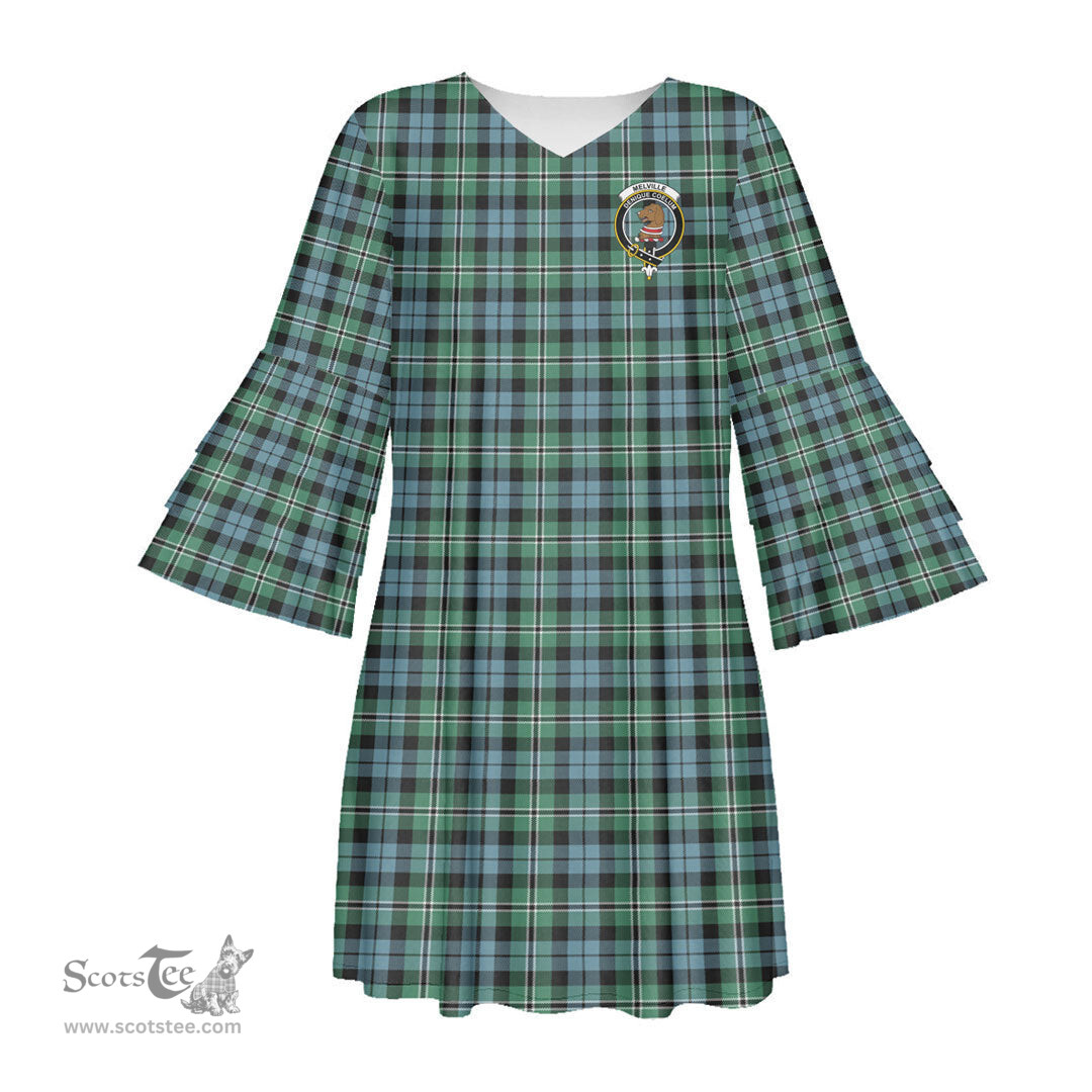 Scottish Melville Clan Tartan Crest Womens Stacked Ruffle Sleeve Tartan Dress
