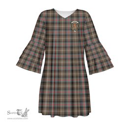 Scottish Sutherland Weathered Clan Tartan Crest Womens Stacked Ruffle Sleeve Tartan Dress