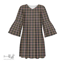 Scottish Sutherland Weathered Tartan Womens Stacked Ruffle Sleeve Tartan Dress