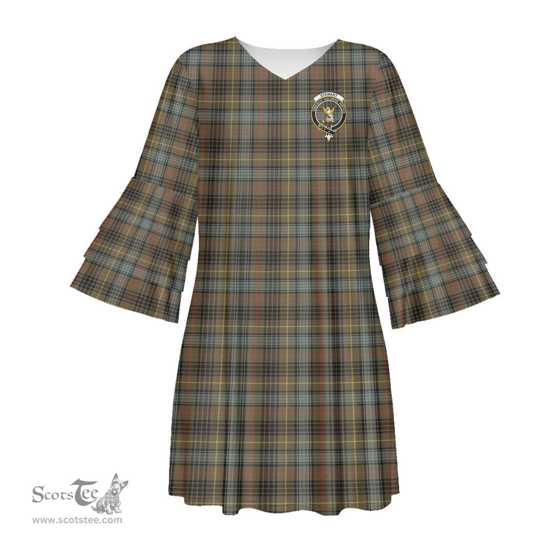 Scottish Stewart Hunting Weathered Clan Tartan Crest Womens Stacked Ruffle Sleeve Tartan Dress