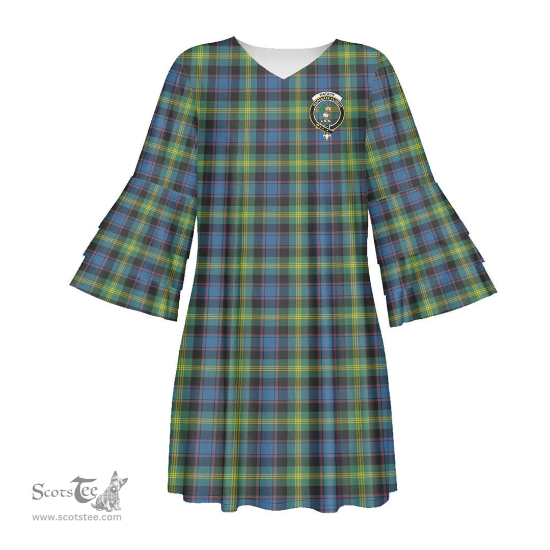 Scottish Watson Ancient Clan Tartan Crest Womens Stacked Ruffle Sleeve Tartan Dress