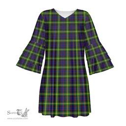 Scottish Watson Modern Tartan Womens Stacked Ruffle Sleeve Tartan Dress