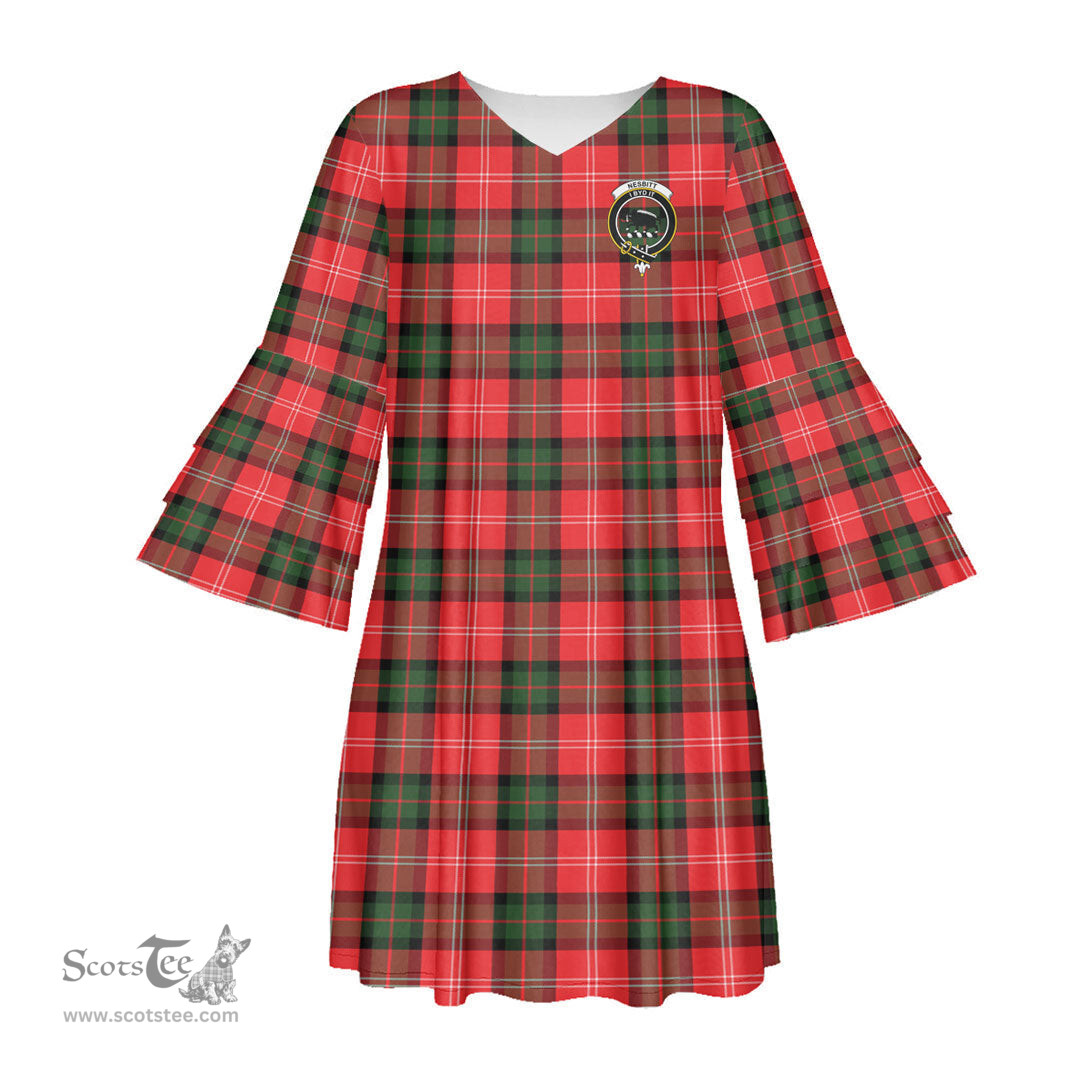 Scottish Nesbitt Modern Clan Tartan Crest Womens Stacked Ruffle Sleeve Tartan Dress