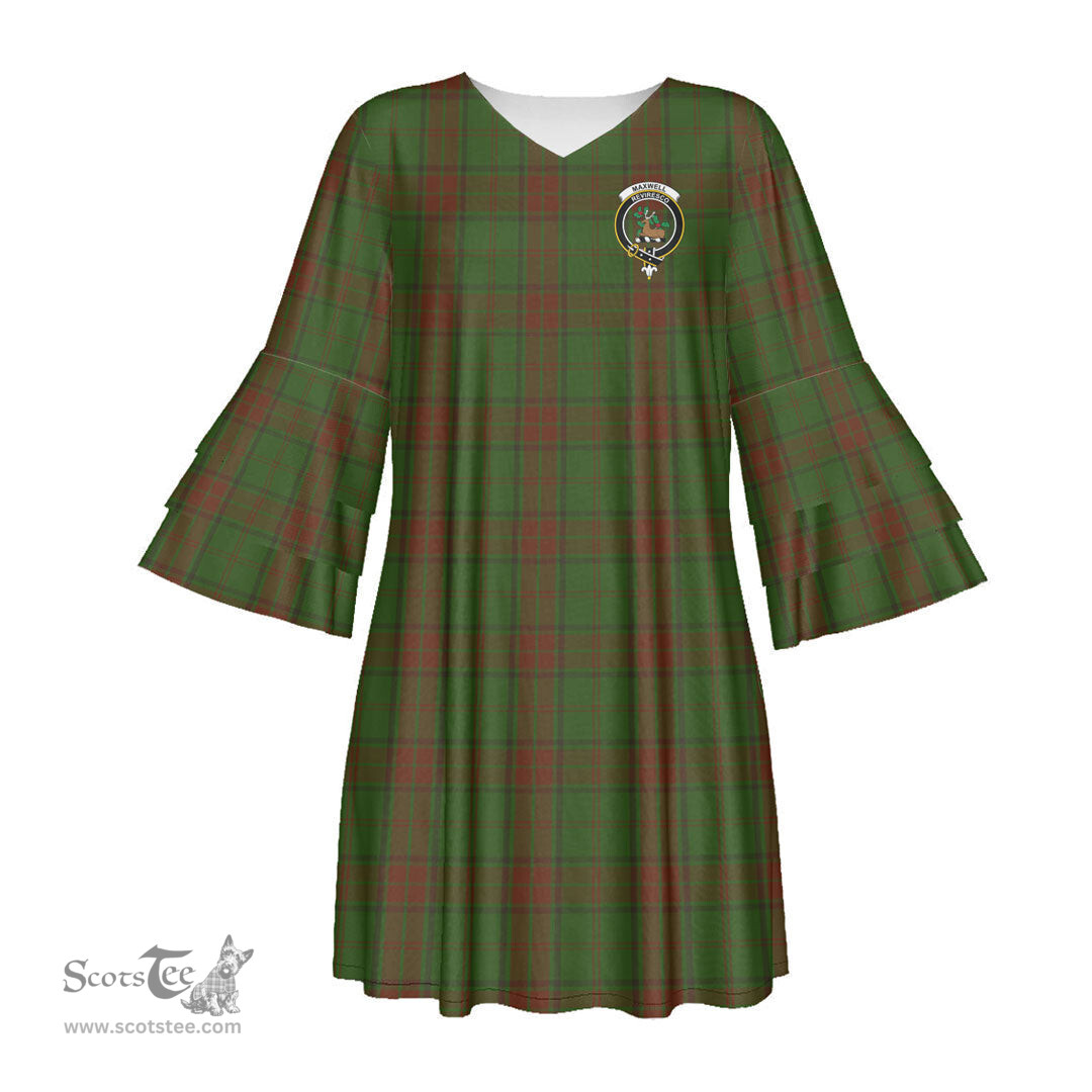 Scottish Maxwell Hunting Clan Tartan Crest Womens Stacked Ruffle Sleeve Tartan Dress