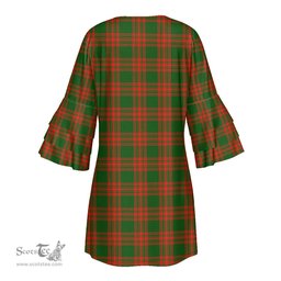 Scottish Menzies Green Modern Clan Tartan Crest Womens Stacked Ruffle Sleeve Tartan Dress