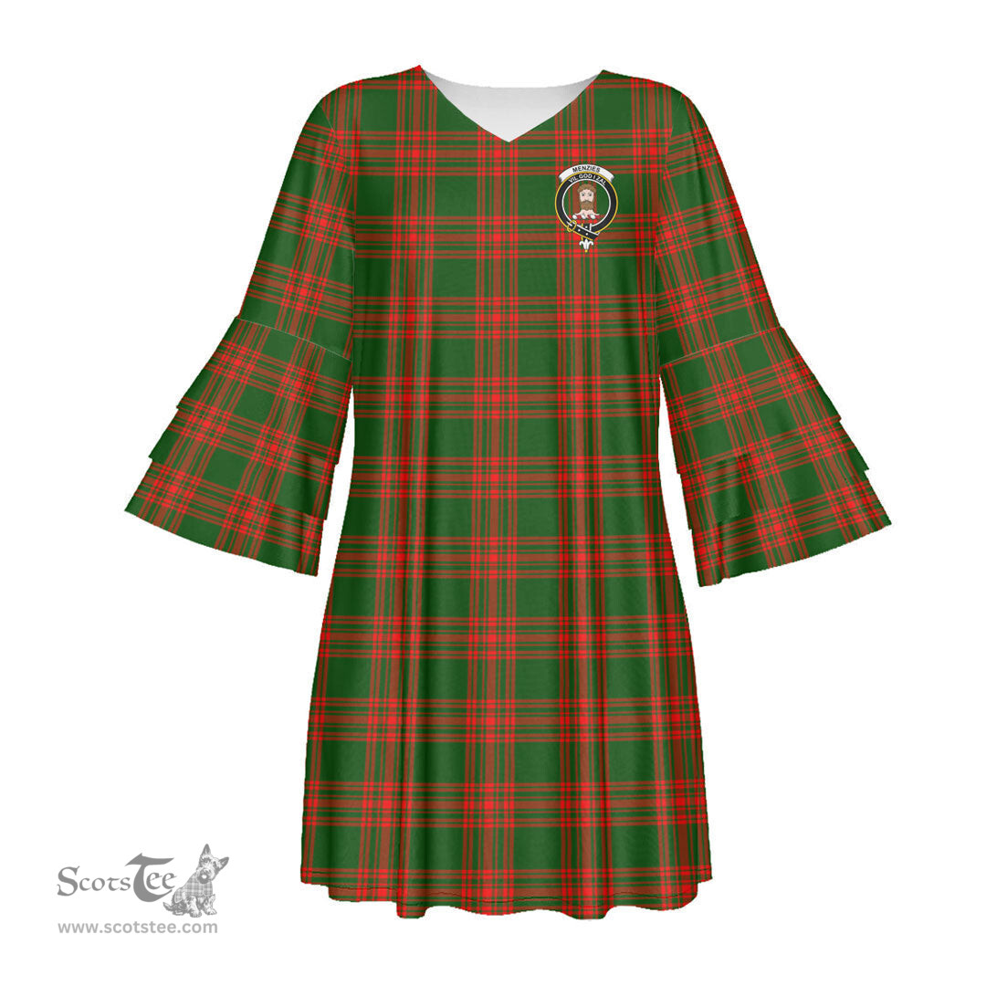 Scottish Menzies Green Modern Clan Tartan Crest Womens Stacked Ruffle Sleeve Tartan Dress