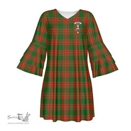 Scottish Menzies Green Modern Clan Tartan Crest Womens Stacked Ruffle Sleeve Tartan Dress