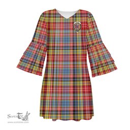 Scottish Ogilvie of Airlie Ancient Clan Tartan Crest Womens Stacked Ruffle Sleeve Tartan Dress