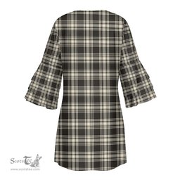 Scottish Menzies Black White Ancient Clan Tartan Crest Womens Stacked Ruffle Sleeve Tartan Dress