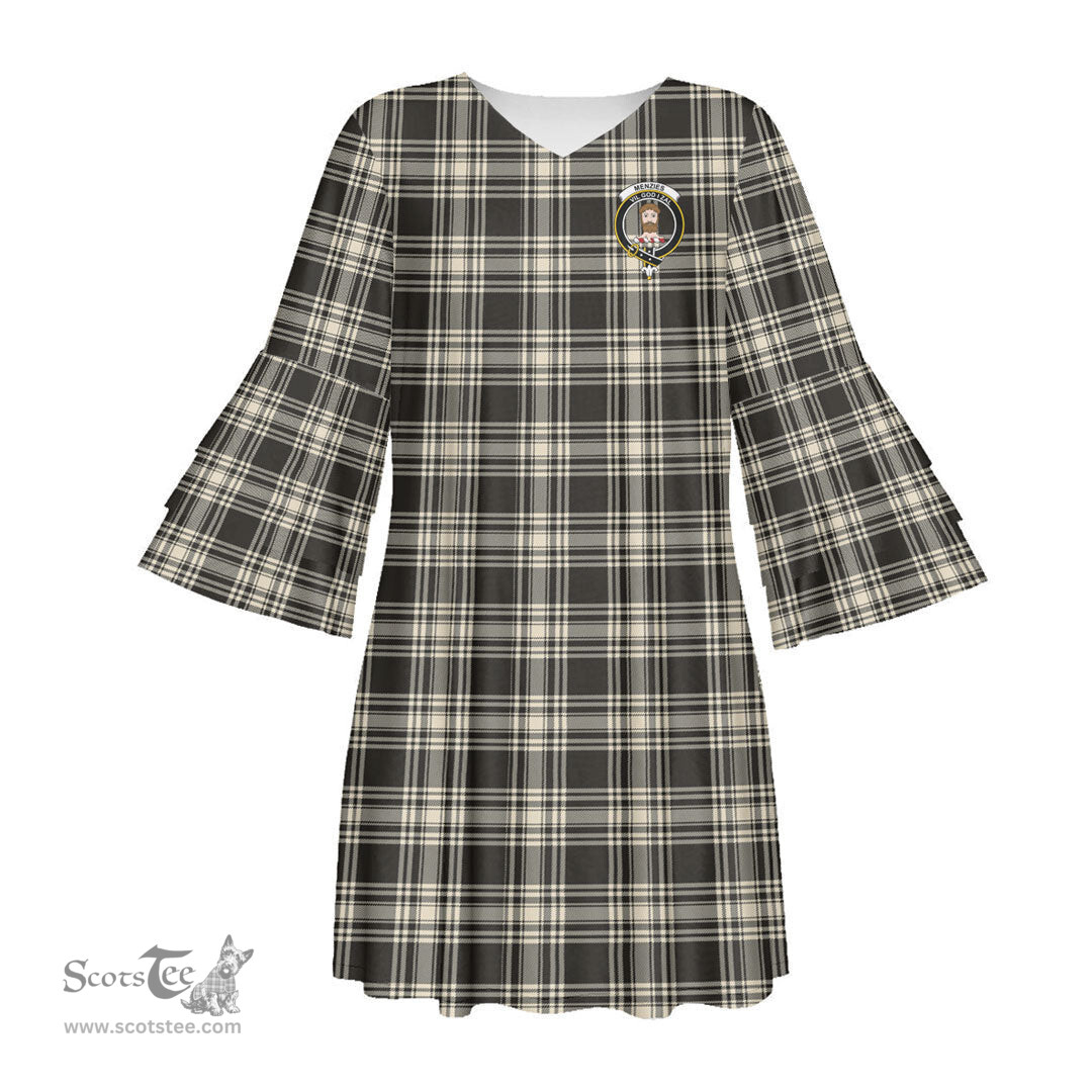 Scottish Menzies Black White Ancient Clan Tartan Crest Womens Stacked Ruffle Sleeve Tartan Dress