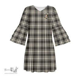 Scottish Menzies Black White Ancient Clan Tartan Crest Womens Stacked Ruffle Sleeve Tartan Dress
