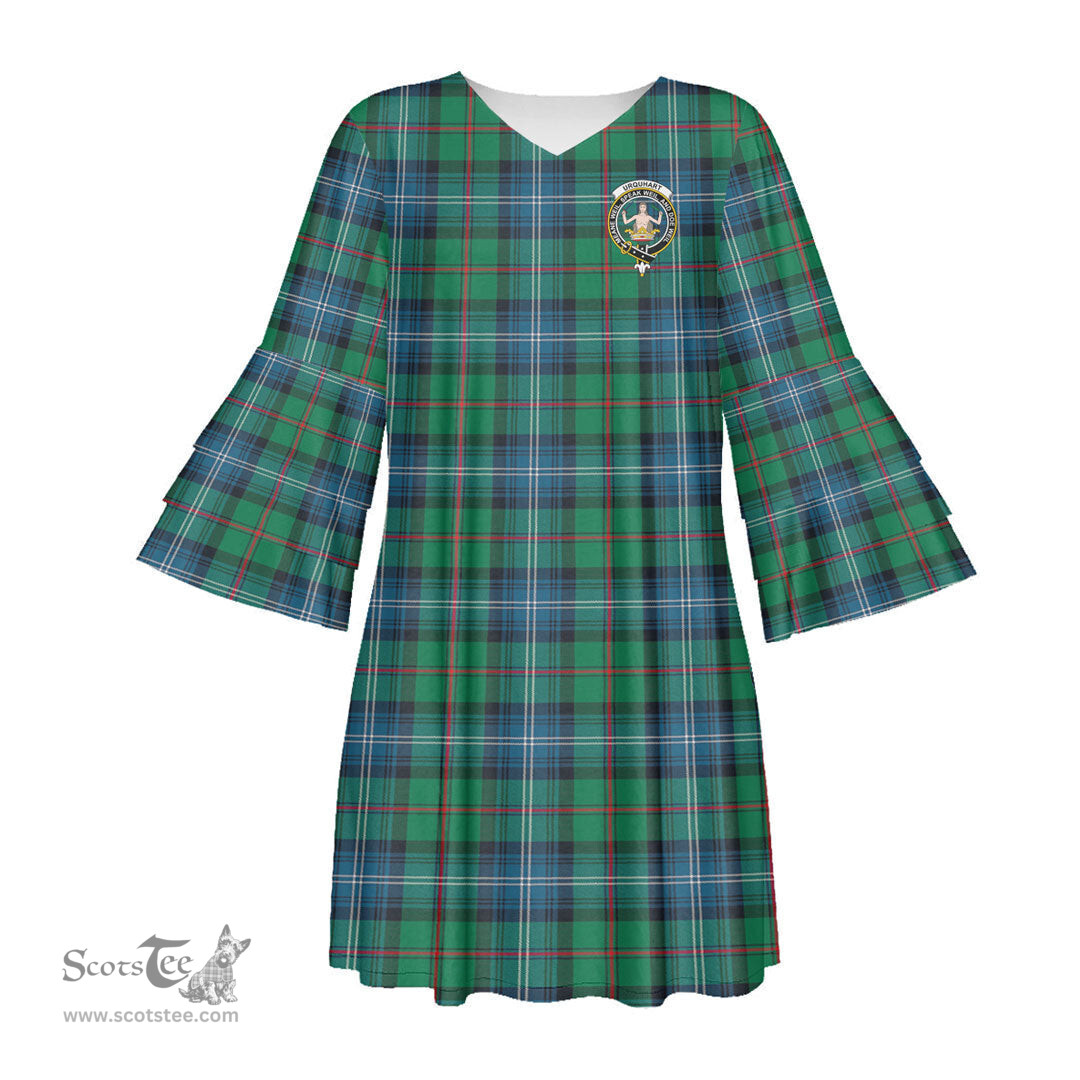 Scottish Urquhart Ancient Clan Tartan Crest Womens Stacked Ruffle Sleeve Tartan Dress