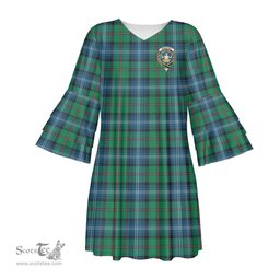 Scottish Urquhart Ancient Clan Tartan Crest Womens Stacked Ruffle Sleeve Tartan Dress